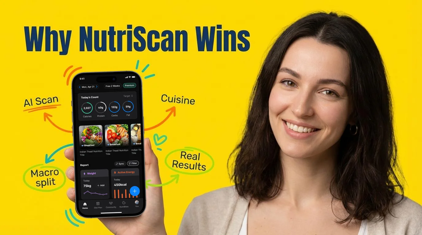 Smartphone displaying NutriScan meal tracking app next to a plate of colorful Indian food on a wooden table with soft natural lighting