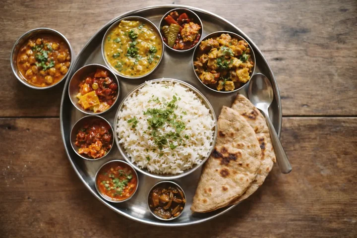 Colorful Indian thali with dal rice roti and sabzi ready for AI scanning on wooden table