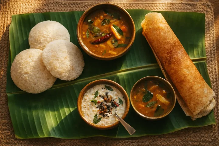 Authentic South Indian breakfast spread with idli sambar dosa and chutney ready for meal tracking