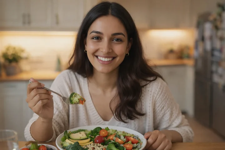 Woman checking nutrition analysis on her smartphone with satisfied expression at home