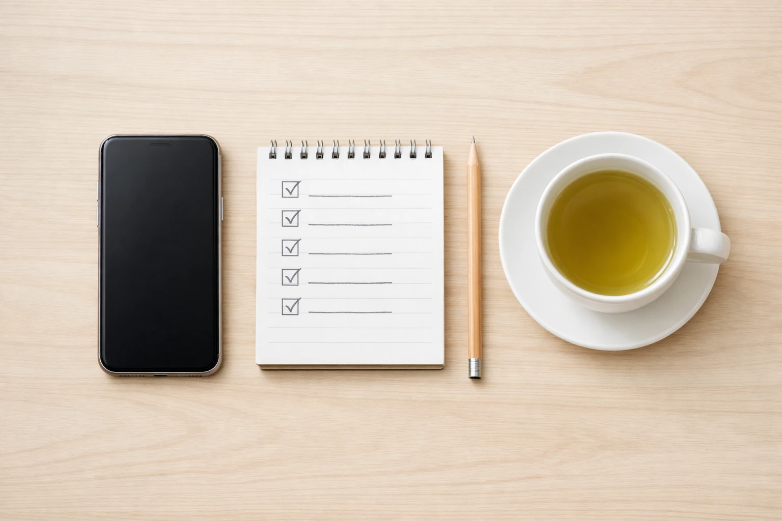 Smartphone next to a notepad with checklist and green tea on light wood desk