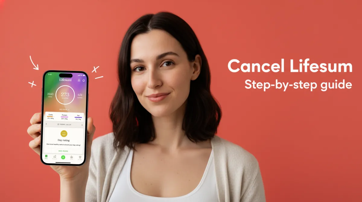 Smartphone showing subscription management screen next to a salad bowl on white marble surface