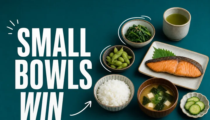 Japanese washoku set on a teal background: small bowls of steamed rice, miso soup, grilled salmon, spinach, edamame and cucumber pickles with green tea