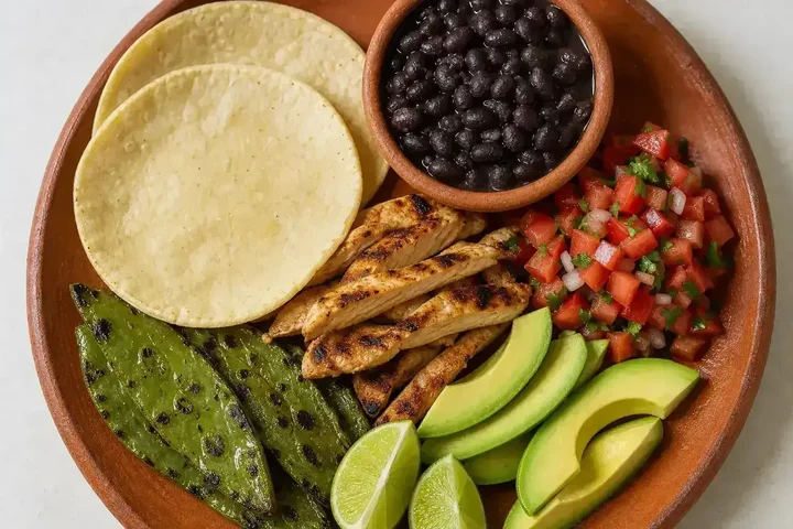 Overhead plate of corn tortillas, whole black beans, grilled chicken, salsa fresca, avocado, grilled nopales and lime wedges