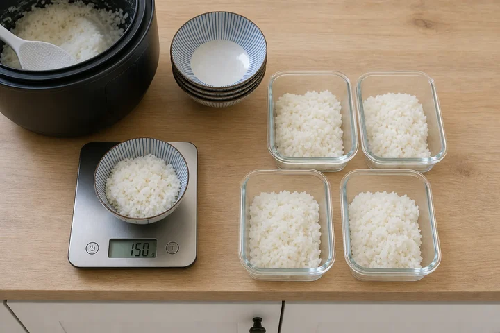 Kitchen scale holding a small bowl of cooked rice next to portioned meal-prep containers, a rice pot and a stack of small Japanese bowls