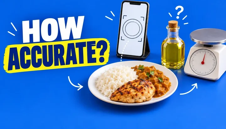 How accurate headline next to a phone framing a plate of rice, grilled chicken and curry, with a bottle of cooking oil under a question mark and a kitchen scale