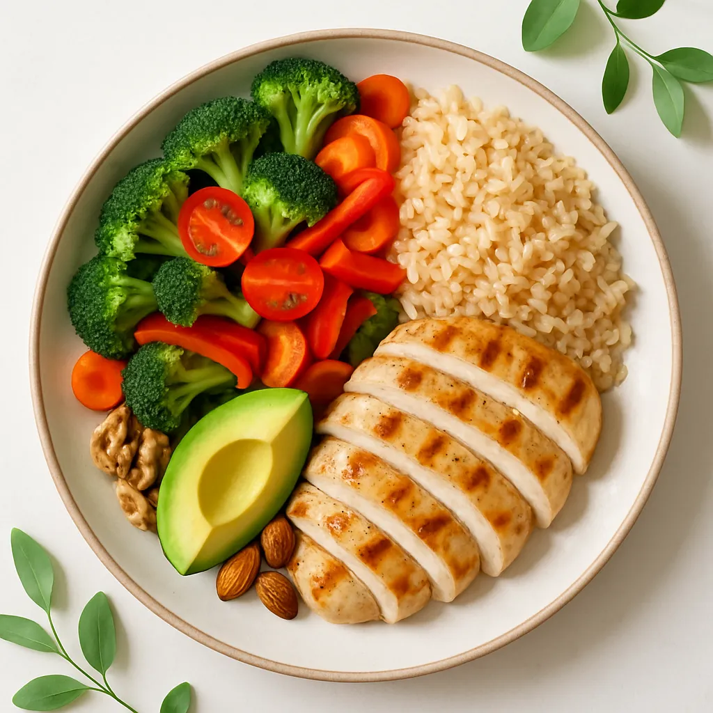 Balanced PCOS meal plate with vegetables, protein, complex carbs and healthy fats