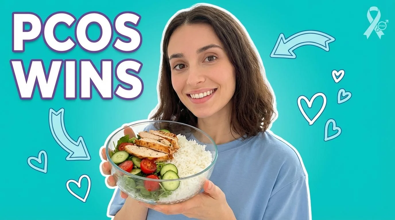 Healthy PCOS-friendly foods including vegetables, lean proteins, nuts and seeds arranged on a wooden table