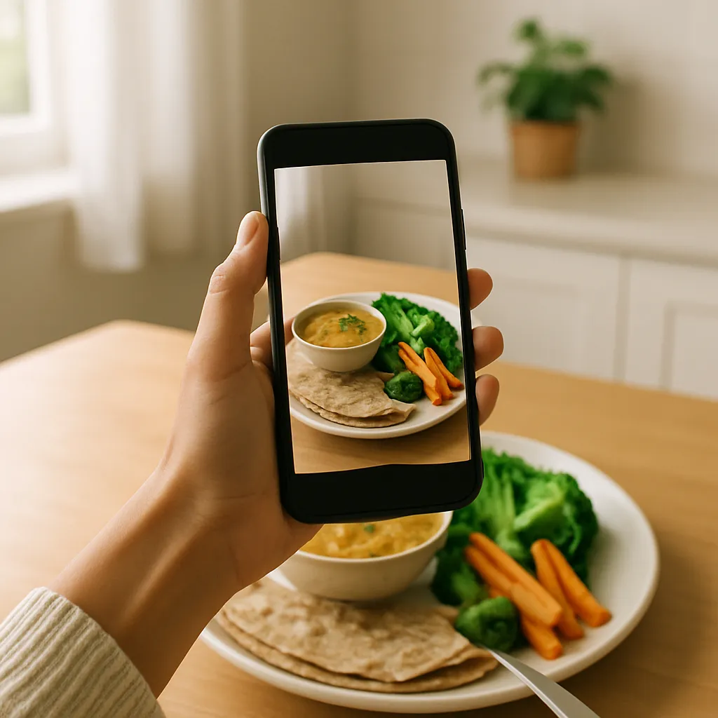 Woman's hand holding smartphone taking photo of healthy Indian meal for tracking