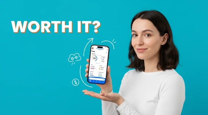 A hand holding a phone running MyFitnessPal next to a "Worth it?" headline, the question this guide answers