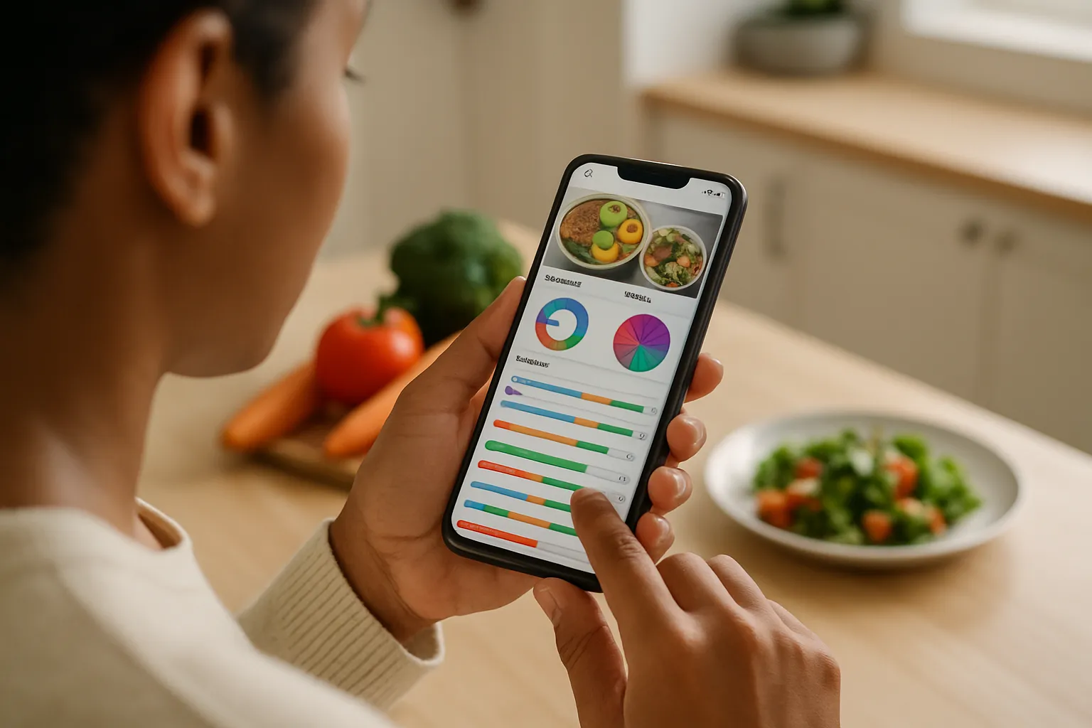 Person using nutrition tracking app with detailed food analysis on smartphone