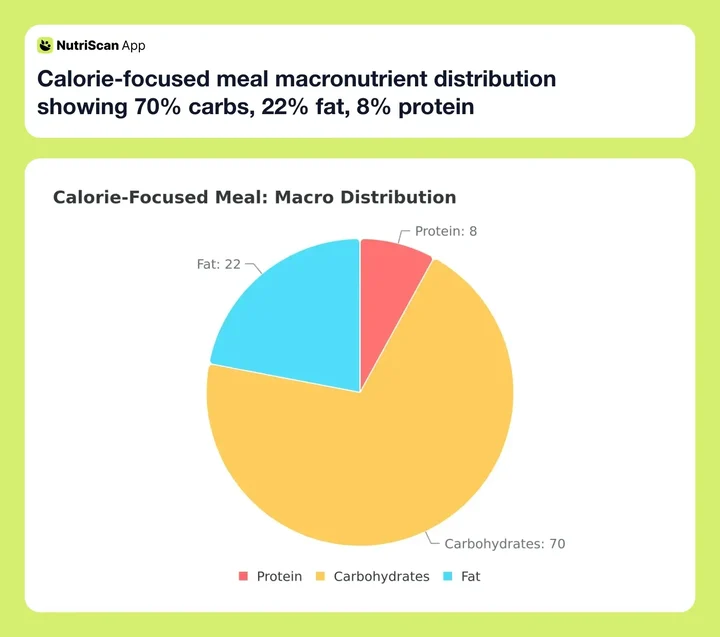 Calorie-focused meal macronutrient distribution showing 70% carbs, 22% fat, 8% protein