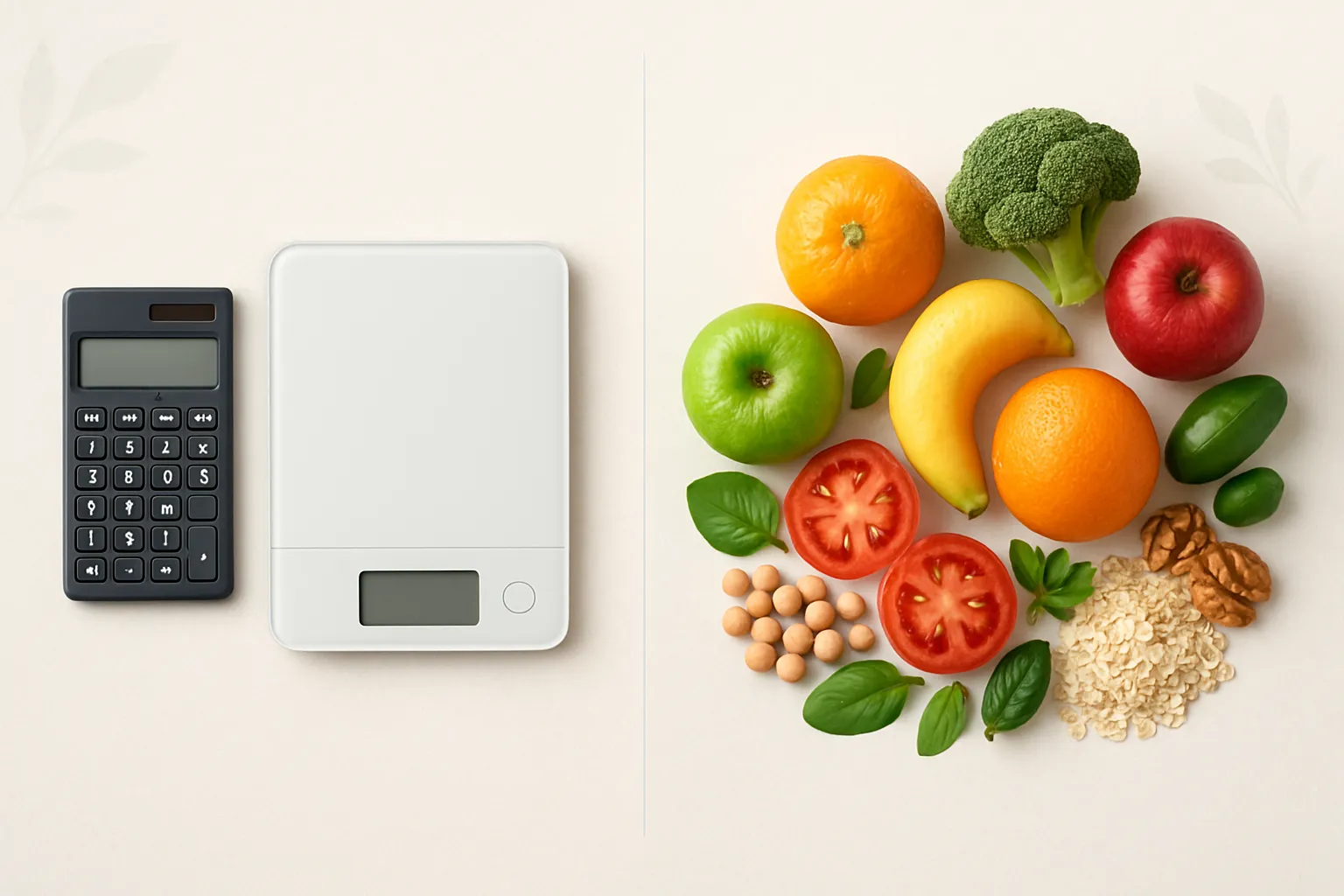Split composition showing calorie counting tools versus colorful whole foods representing comprehensive nutrition tracking