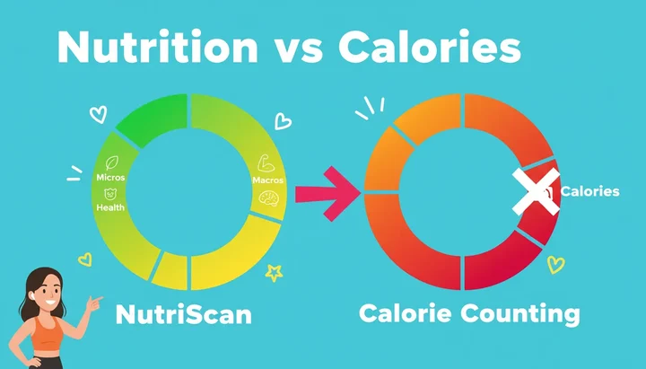 Split composition showing calorie counting tools versus colorful whole foods representing comprehensive nutrition tracking