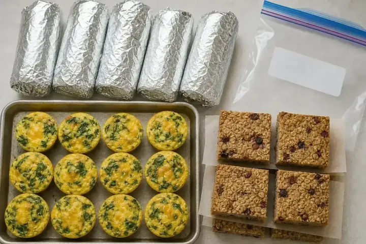 Foil-wrapped breakfast burritos, a tray of spinach and cheese egg muffins, and stacked baked oatmeal squares on a kitchen counter