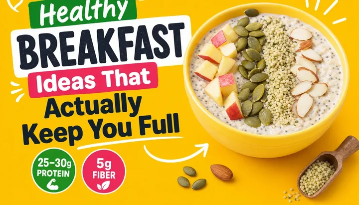 Yellow bowl of overnight oats topped with diced apple, pumpkin seeds, hemp seeds and sliced almonds on a bright yellow background