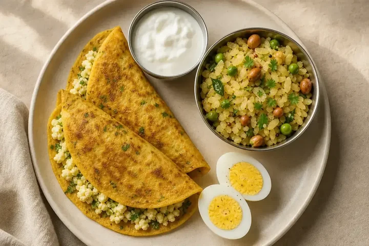 Plate with two besan chilla stuffed with paneer, a steel bowl of curd, a bowl of poha with peanuts and peas, and a halved boiled egg