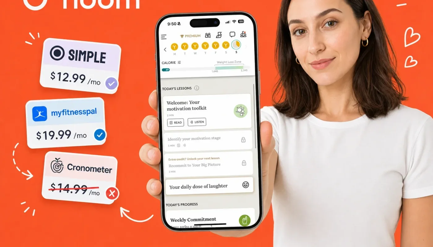 Smartphone beside a healthy meal bowl, coins, and a paper habit checklist, representing cheaper Noom alternatives for habit coaching in 2026