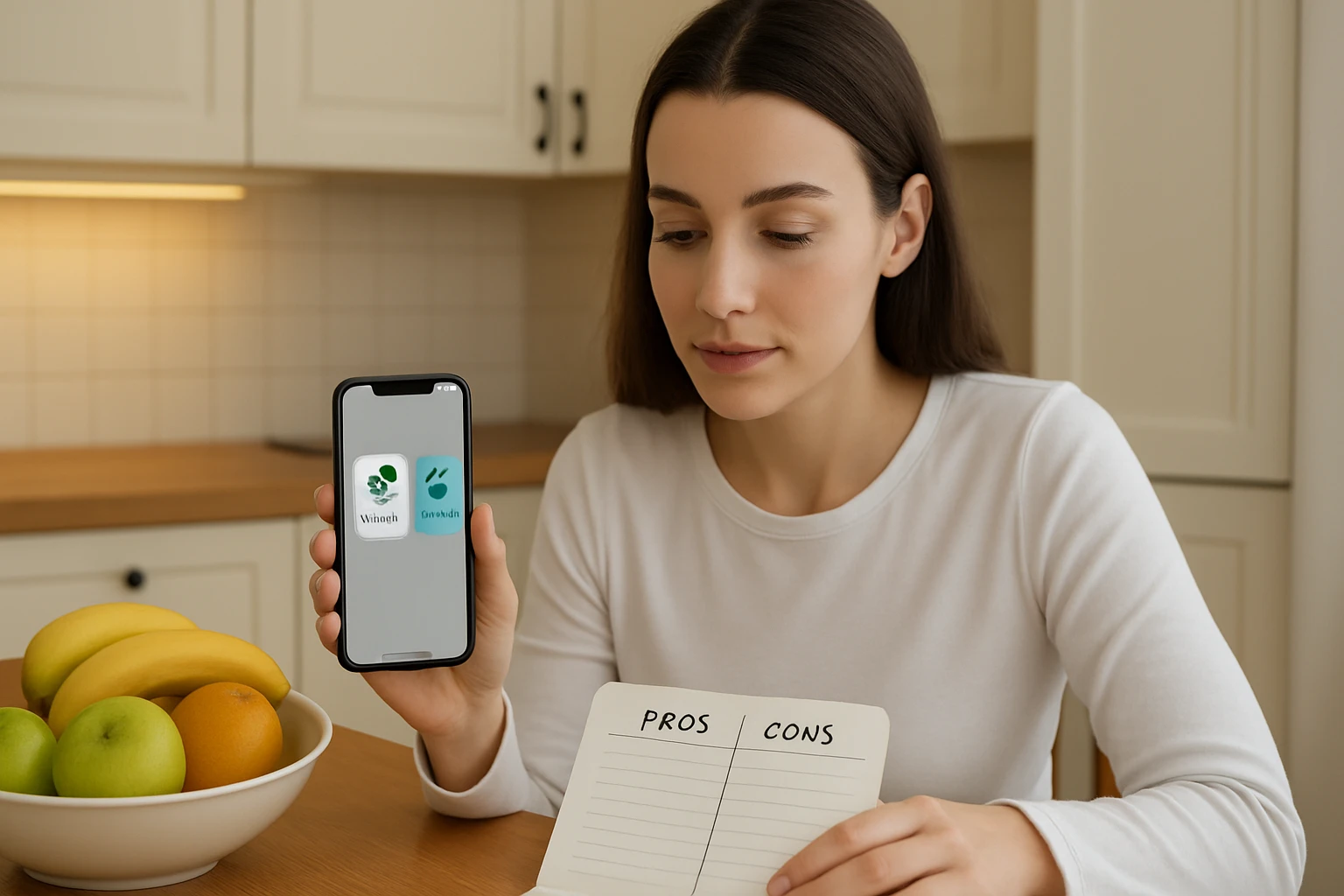 Woman at a bright kitchen table comparing health coaching apps on her smartphone with a handwritten pros and cons list