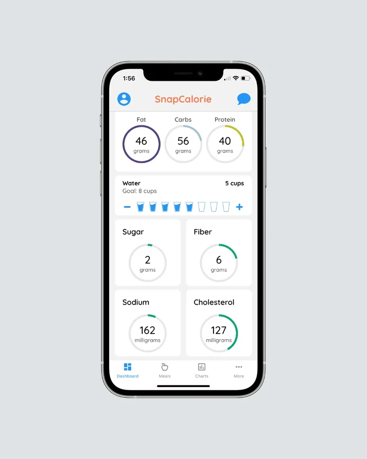 SnapCalorie app का इंटरफेस, जिसमें फूड फोटो विश्लेषण के साथ विस्तृत पोषण ब्रेकडाउन और वैज्ञानिक सटीकता के आंकड़े दिख रहे हैं