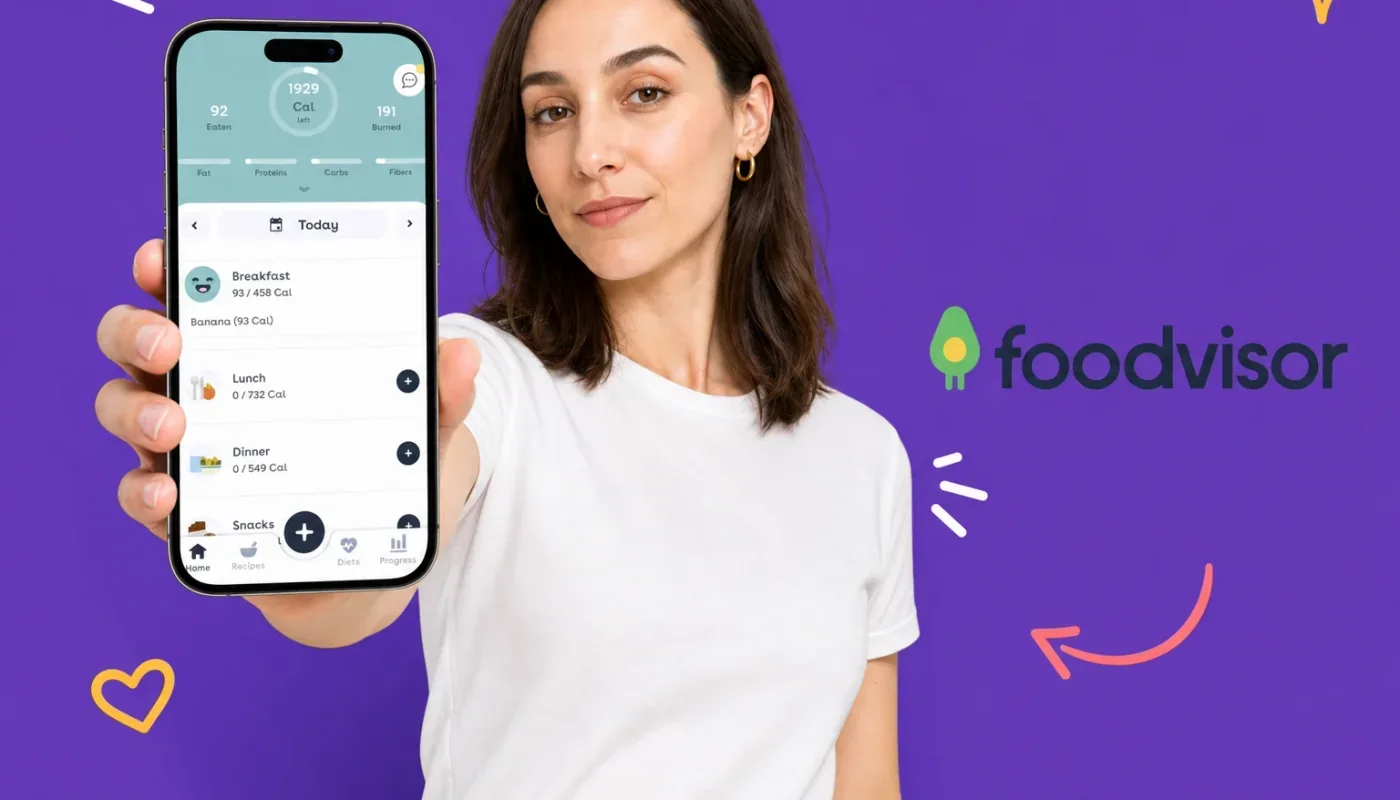 Two smartphones showing nutrition tracking apps side by side with healthy food items, comparing Foodvisor and Lifesum calorie trackers