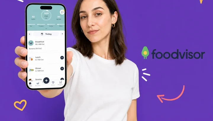 Two smartphones showing nutrition tracking apps side by side with healthy food items, comparing Foodvisor and Lifesum calorie trackers