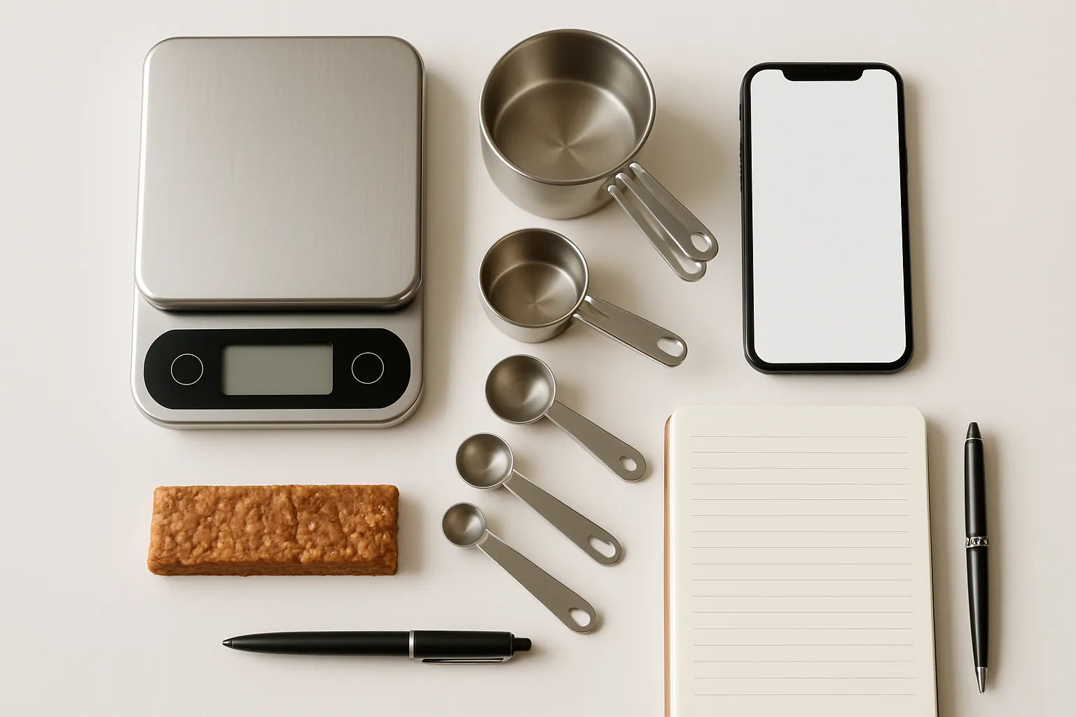 Essential protein bar tracking tools including scales, measuring cups, and smartphone with NutriScan app open