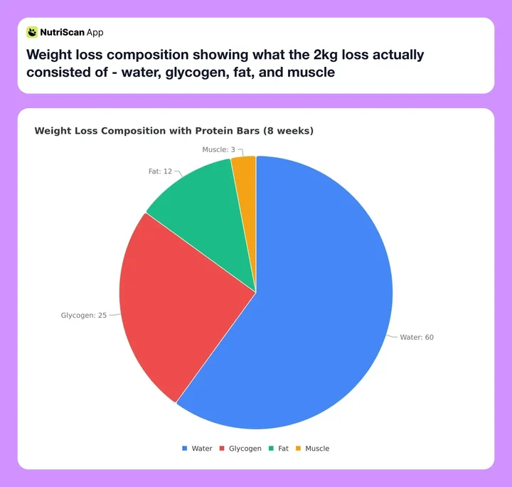 Weight loss composition showing what the 2kg loss actually consisted of - water, glycogen, fat, and muscle