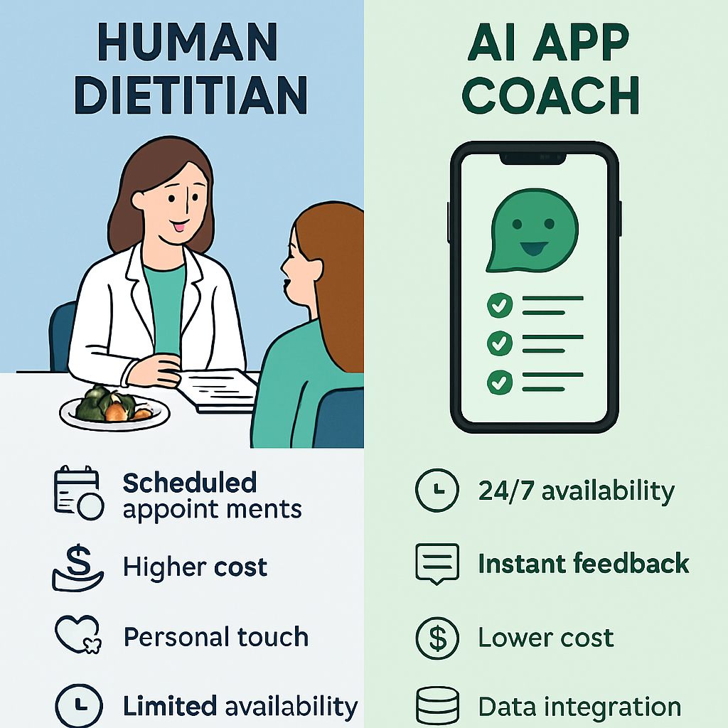 Infographic showing split comparison between human dietitian and AI app coach with visual icons representing their key differences