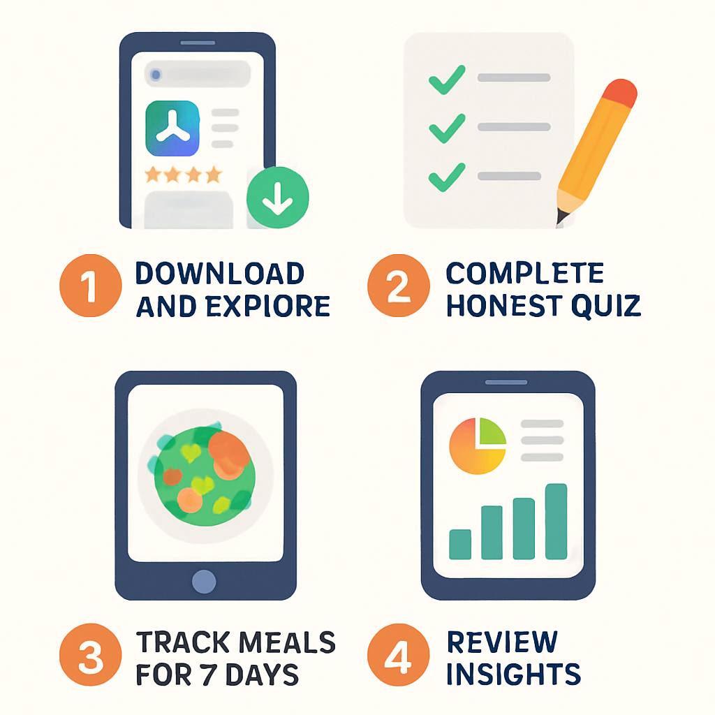 Step-by-step visual guide showing 4 numbered steps for getting started with diet apps: download and explore, complete quiz, track meals, and review insights