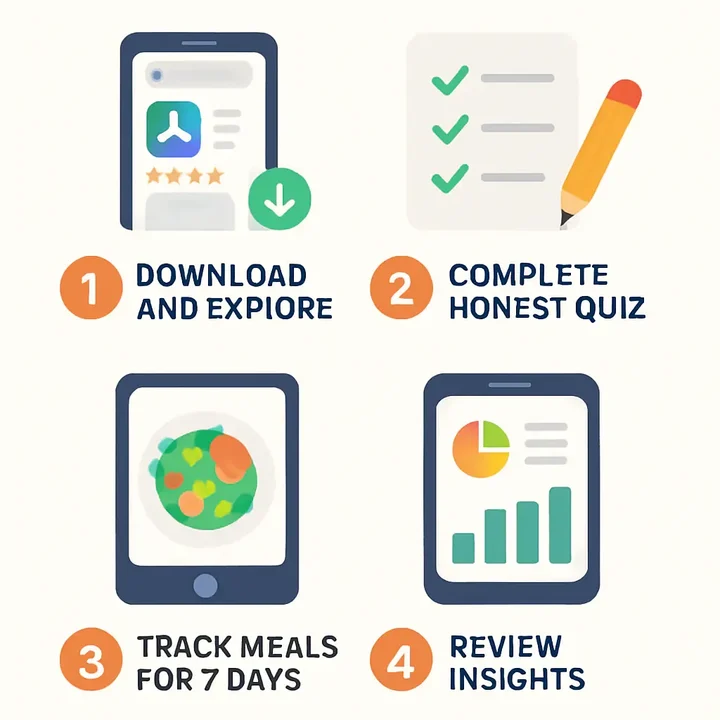 Step-by-step visual guide showing 4 numbered steps for getting started with diet apps: download and explore, complete quiz, track meals, and review insights