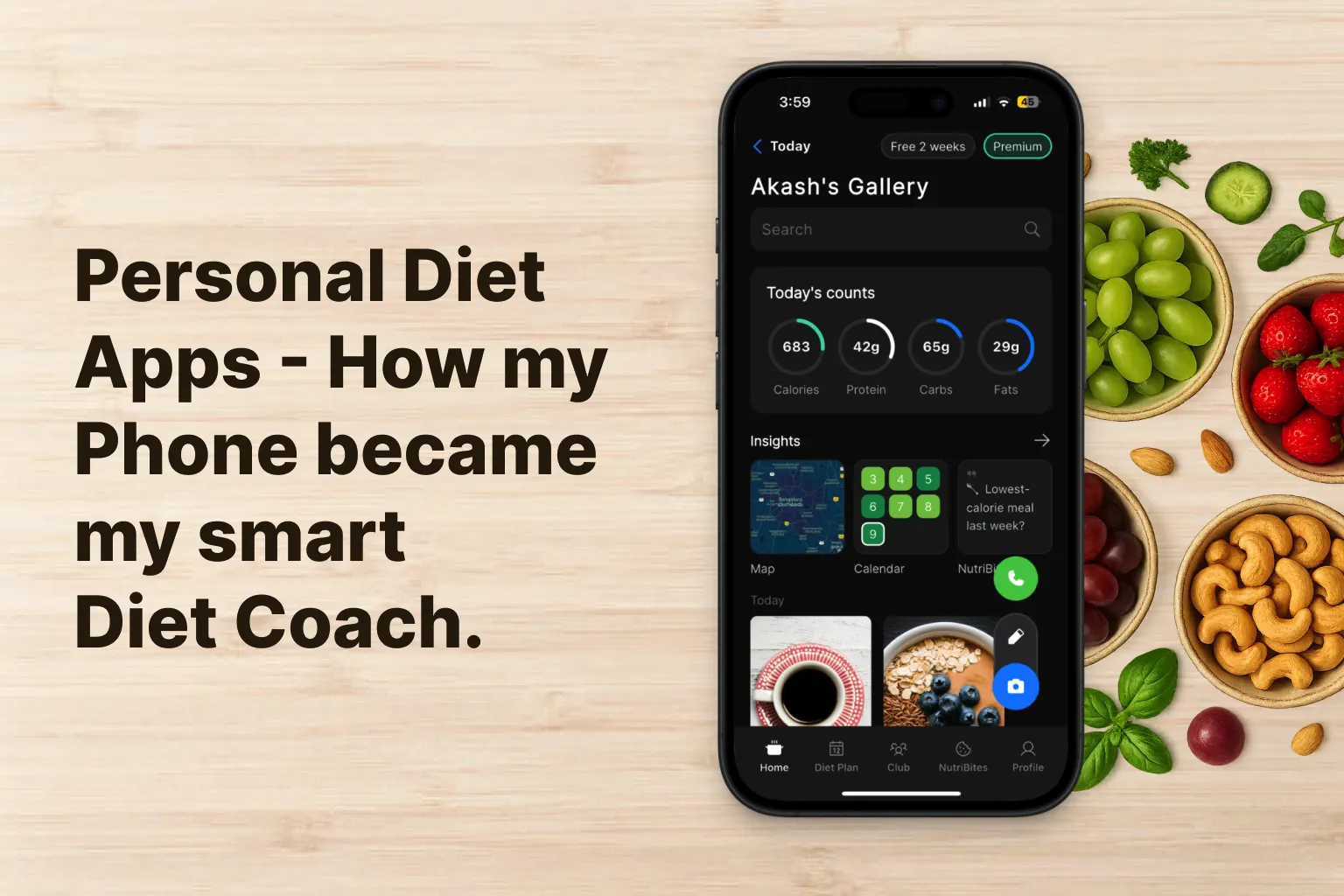Modern smartphone displaying colorful nutrition app interface surrounded by fresh healthy foods like avocados, berries, and leafy greens on clean minimal background