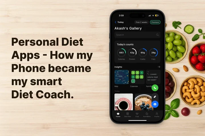 Modern smartphone displaying colorful nutrition app interface surrounded by fresh healthy foods like avocados, berries, and leafy greens on clean minimal background