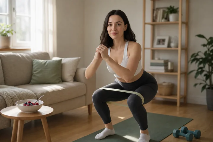 Woman in a bright living room doing a bodyweight squat with a resistance band, a bowl of Greek yogurt and berries on the side table