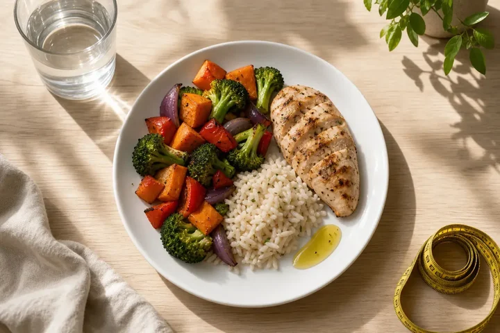 Overhead photo of a balanced plate with roasted vegetables, sliced grilled chicken breast, a small portion of rice and a spoon of olive oil, next to a glass of water and a tape measure