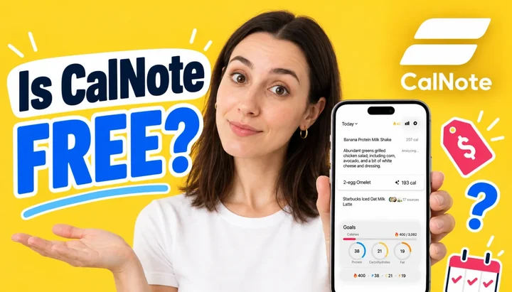 Person holding a phone showing the CalNote food log next to the CalNote logo, asking whether the calorie tracker is free