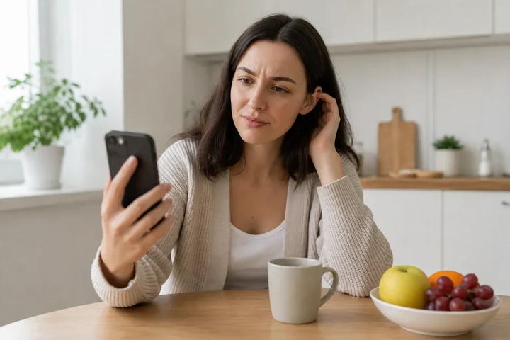 Person at a kitchen table holding a phone at arm's length and frowning at the screen, coffee mug and fruit bowl beside them