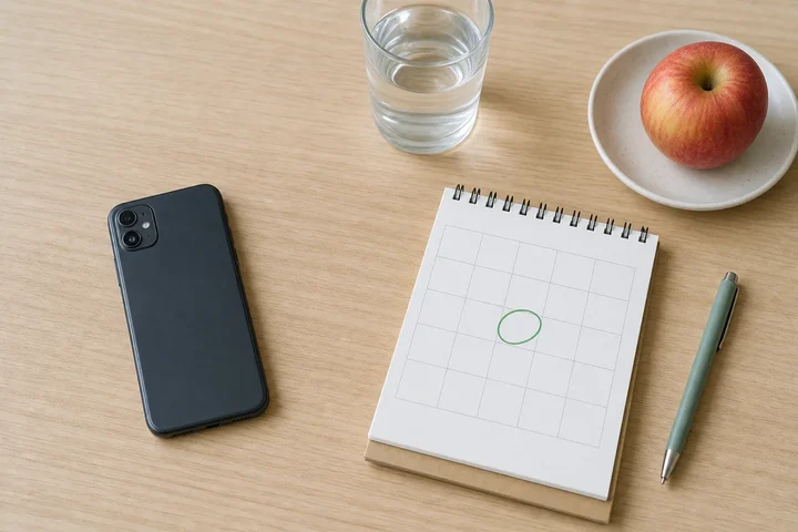 Smartphone face down on a wooden desk next to a paper calendar with one day circled in green, a pen, a glass of water and an apple