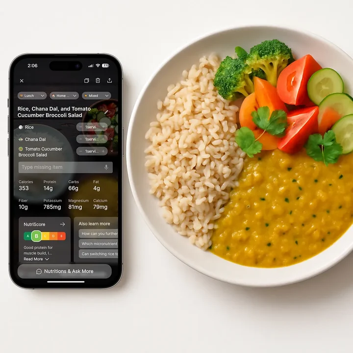 Clean smartphone showing food tracking app next to healthy Indian meal with dal and vegetables