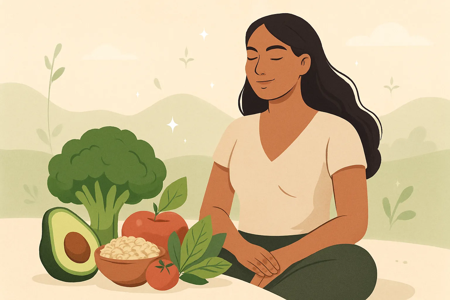 Woman in serene setting with healthy foods representing PCOS management through nutrition and food tracking