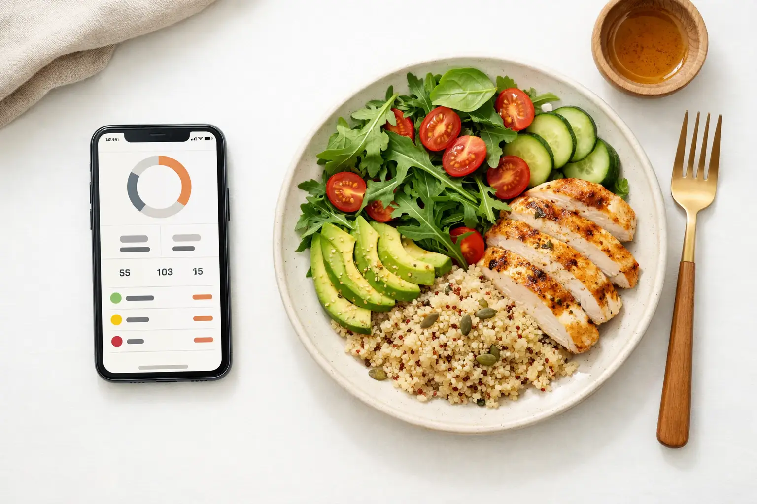 Smartphone showing calorie tracking app next to a healthy meal plate with salad and grilled chicken