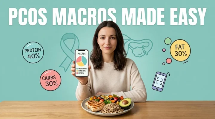 Balanced healthy meal plate with smartphone for AI meal scanning, representing PCOS-friendly nutrition tracking