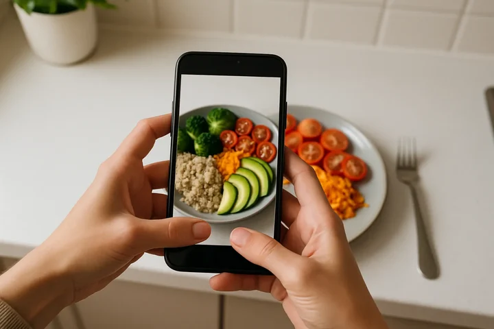 Hands holding smartphone scanning a healthy meal for nutrition tracking