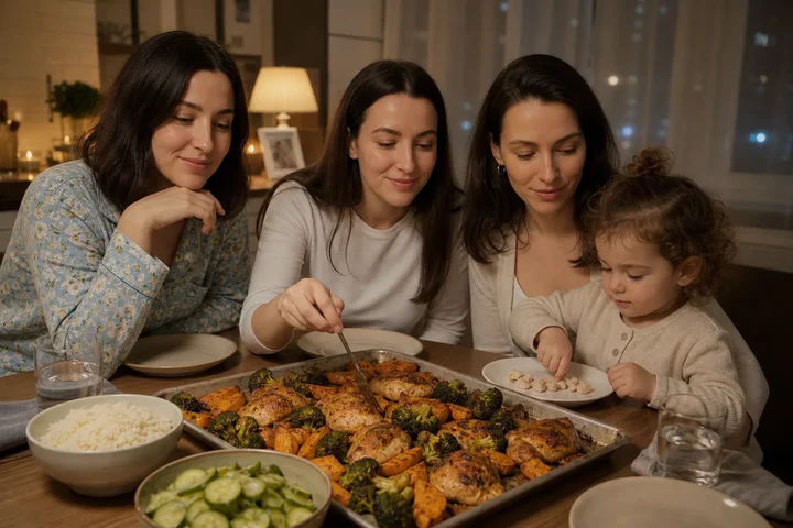 Family at a dinner table sharing one sheet pan of roasted chicken, sweet potato and broccoli with side bowls of rice and cucumber salad