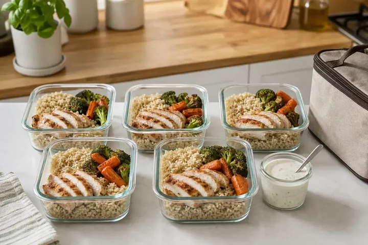 Five glass meal prep containers of grilled chicken, brown rice and roasted vegetables on a kitchen counter next to a pot of yogurt dressing and an insulated lunch bag