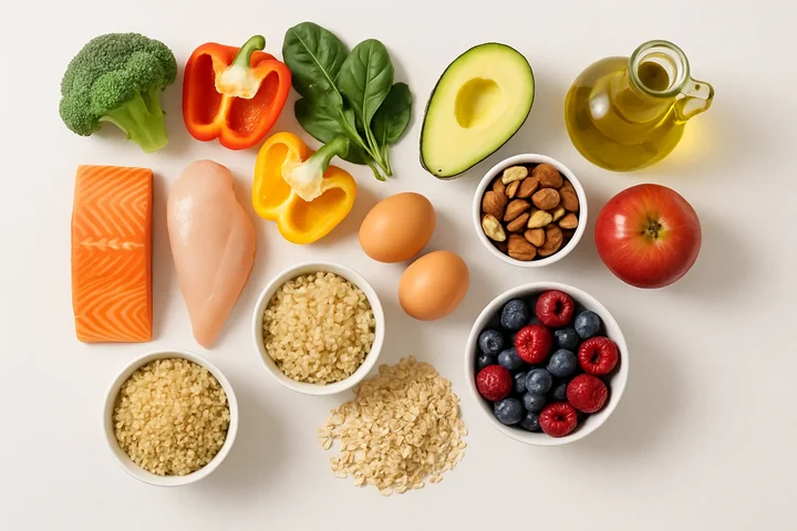 Organized arrangement of the five food groups - vegetables, proteins, fats, grains, and fruits on a clean background