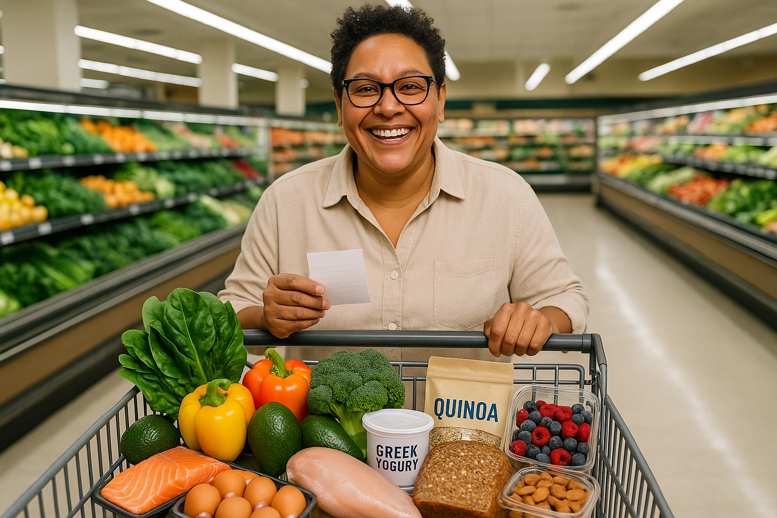 Fresh healthy groceries and diabetic-friendly foods arranged beautifully, representing smart grocery shopping for blood sugar management