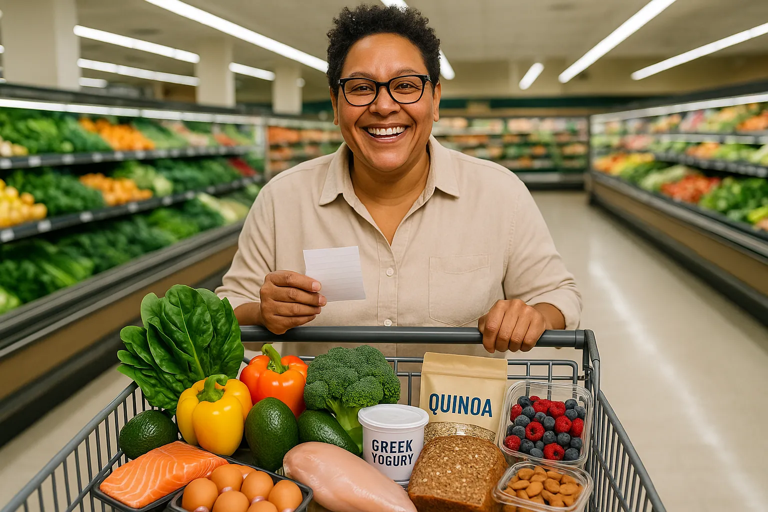 Fresh healthy groceries and diabetic-friendly foods arranged beautifully, representing smart grocery shopping for blood sugar management
