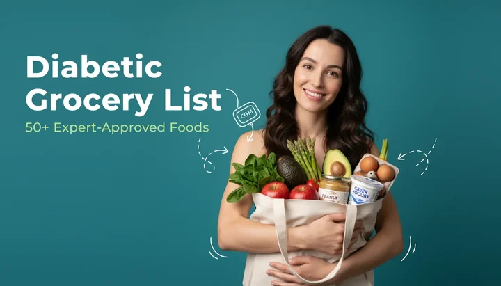 Fresh healthy groceries and diabetic-friendly foods arranged beautifully, representing smart grocery shopping for blood sugar management