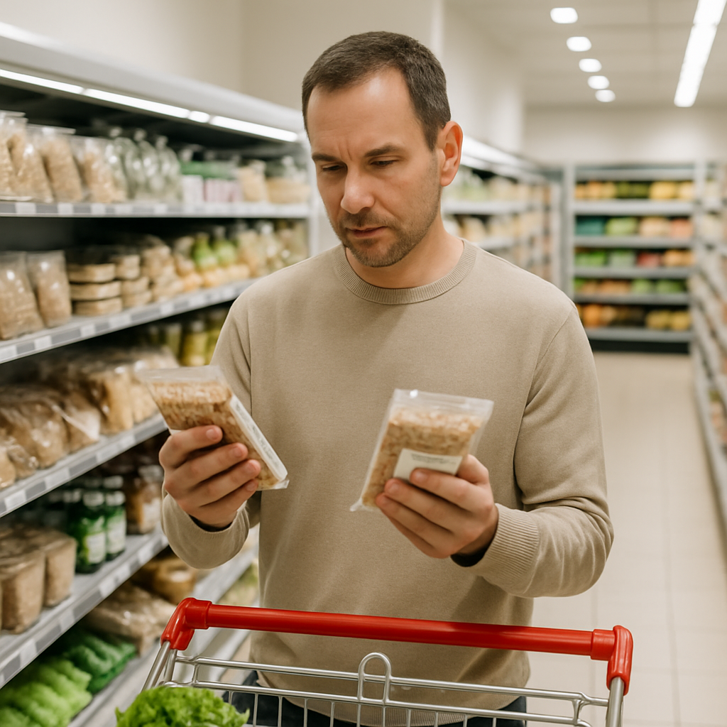 Person in grocery store carefully reading nutrition labels and making thoughtful food choices